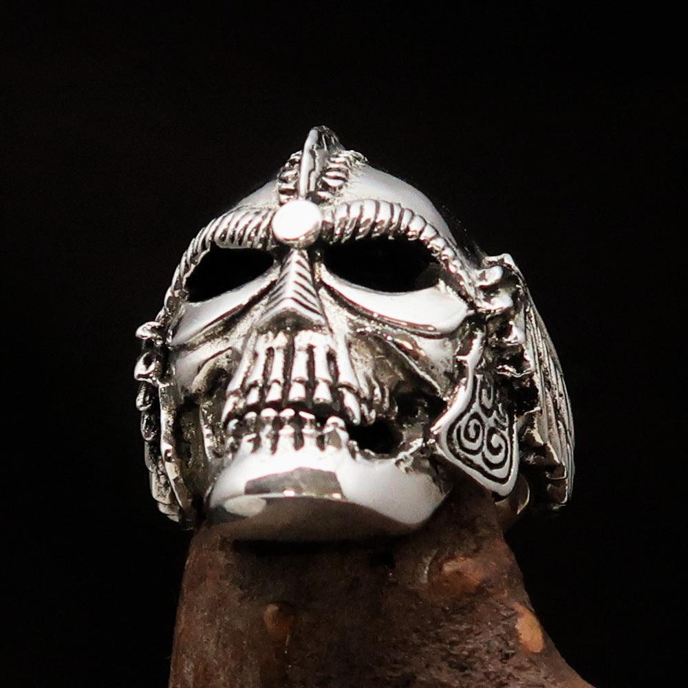 Excellent crafted Men's Biker winged Viking Skull Ring - antiqued Sterling Silver - BikeRing4u