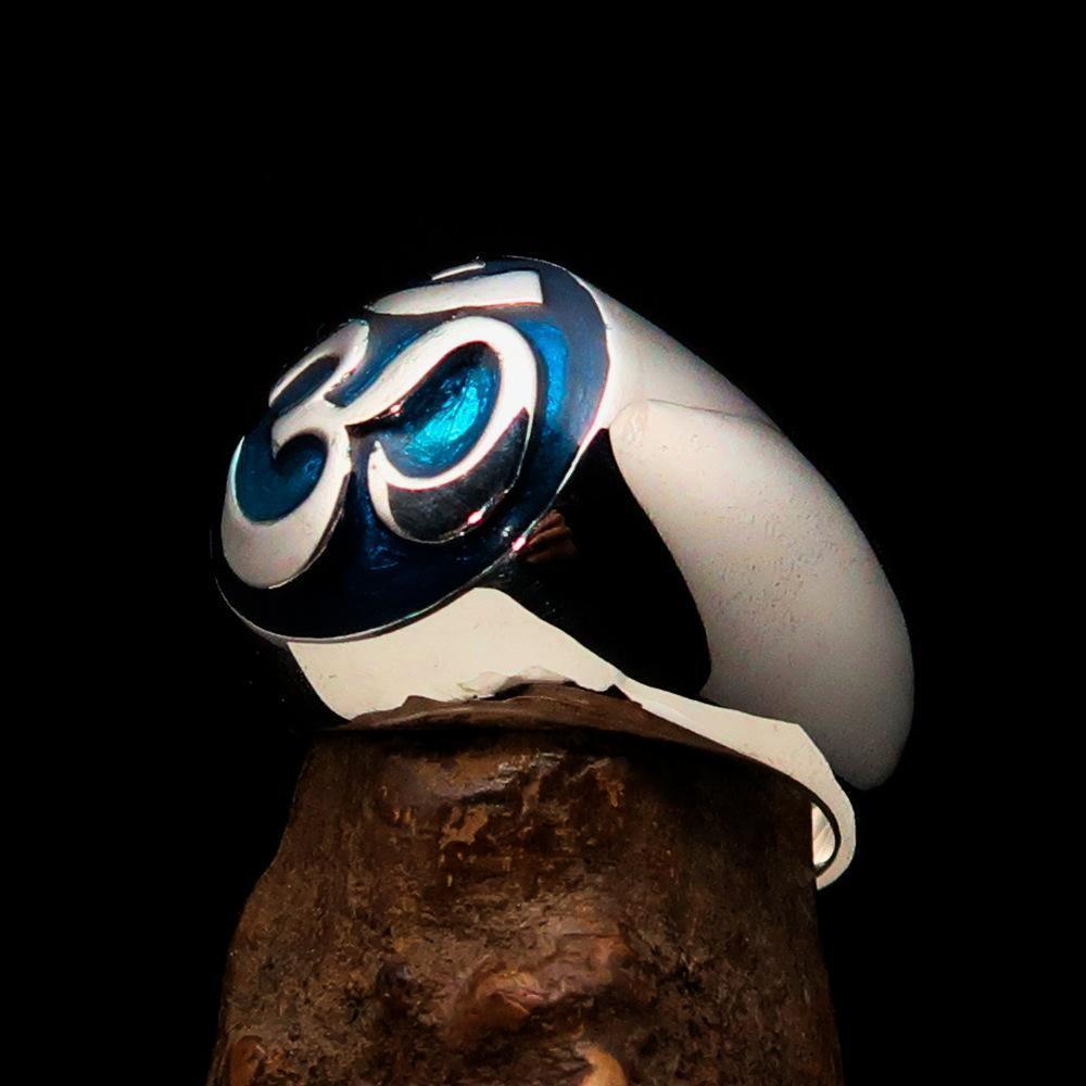 Nicely crafted domed Men's Buddhist Ring Blue Aum Symbol - Sterling Silver - BikeRing4u