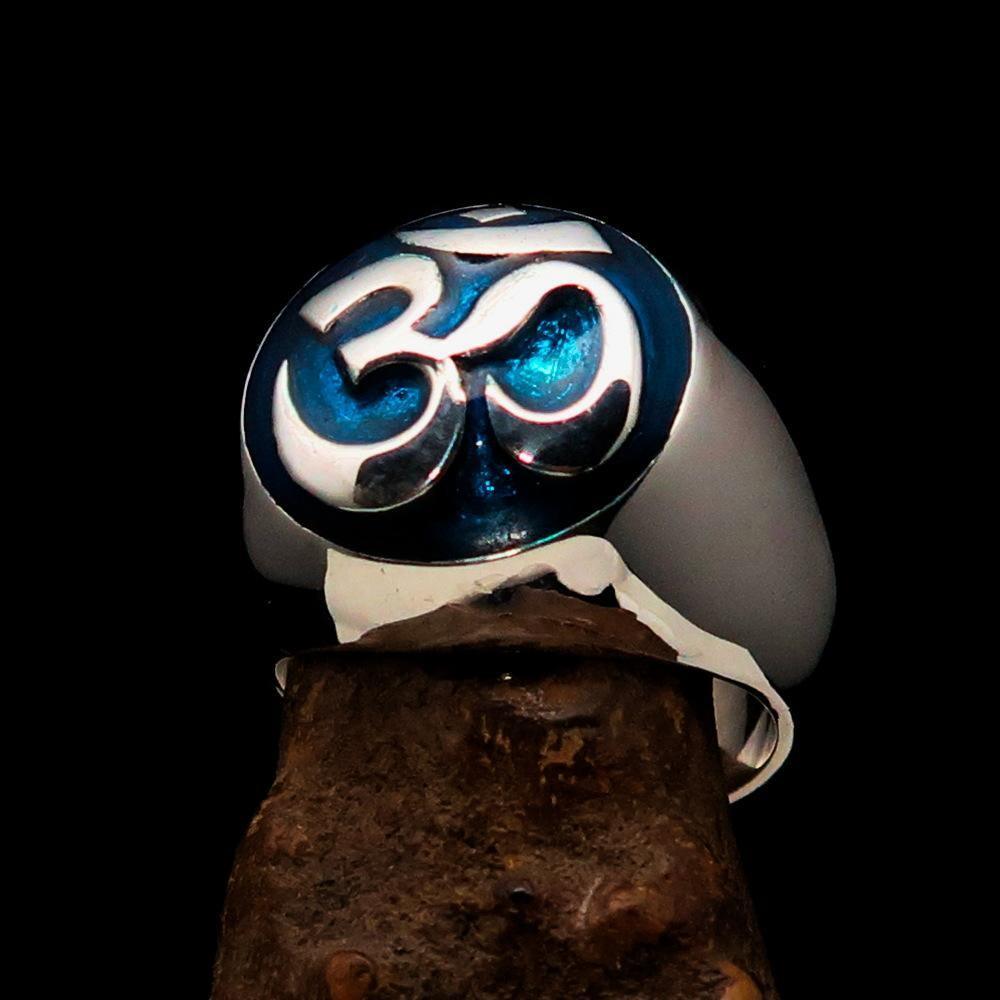 Nicely crafted domed Men's Buddhist Ring Blue Aum Symbol - Sterling Silver - BikeRing4u