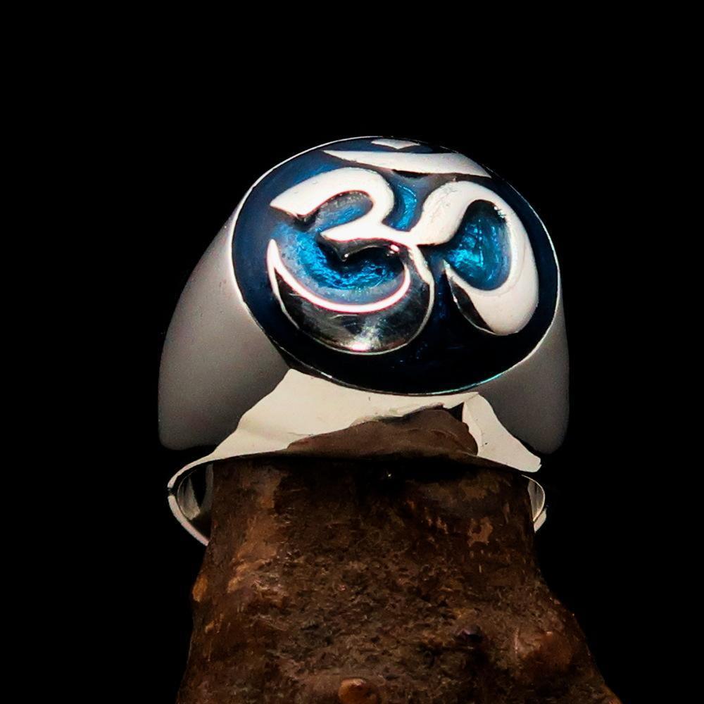 Nicely crafted domed Men's Buddhist Ring Blue Aum Symbol - Sterling Silver - BikeRing4u