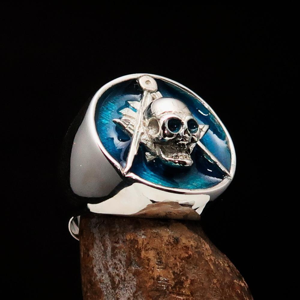 Perfectly crafted Men's Masonic Skull Ring Blue - Sterling Silver - BikeRing4u