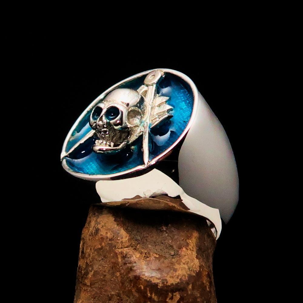 Perfectly crafted Men's Masonic Skull Ring Blue - Sterling Silver - BikeRing4u