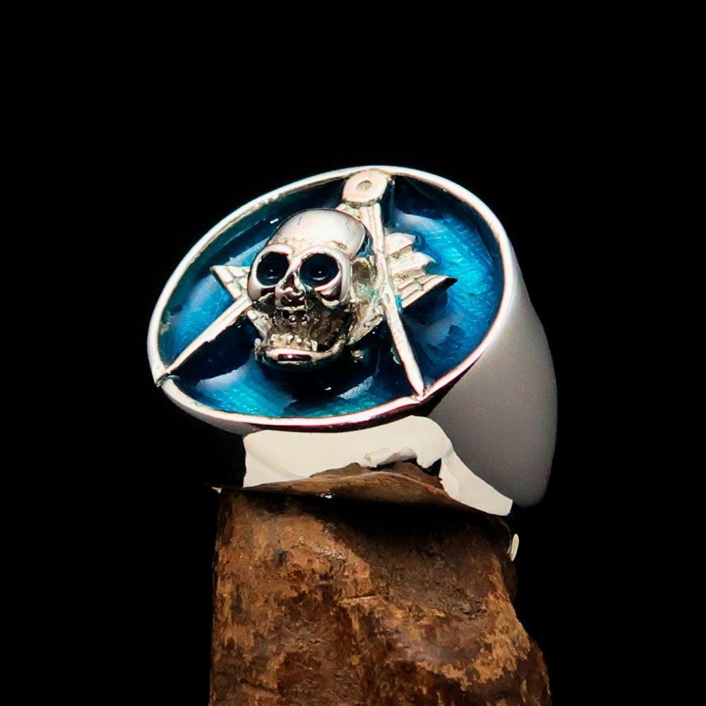 Perfectly crafted Men's Masonic Skull Ring Blue - Sterling Silver - BikeRing4u