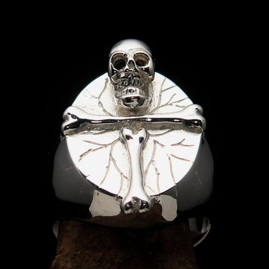 Excellent crafted Men's Ring Bone Cross R.I.P Skull mirror polish - Sterling Silver - BikeRing4u