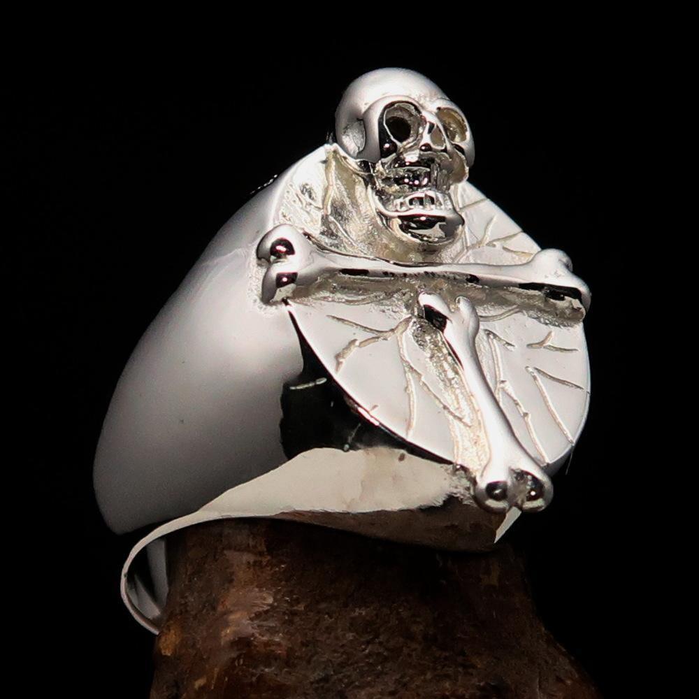 Excellent crafted Men's Ring Bone Cross R.I.P Skull mirror polish - Sterling Silver - BikeRing4u