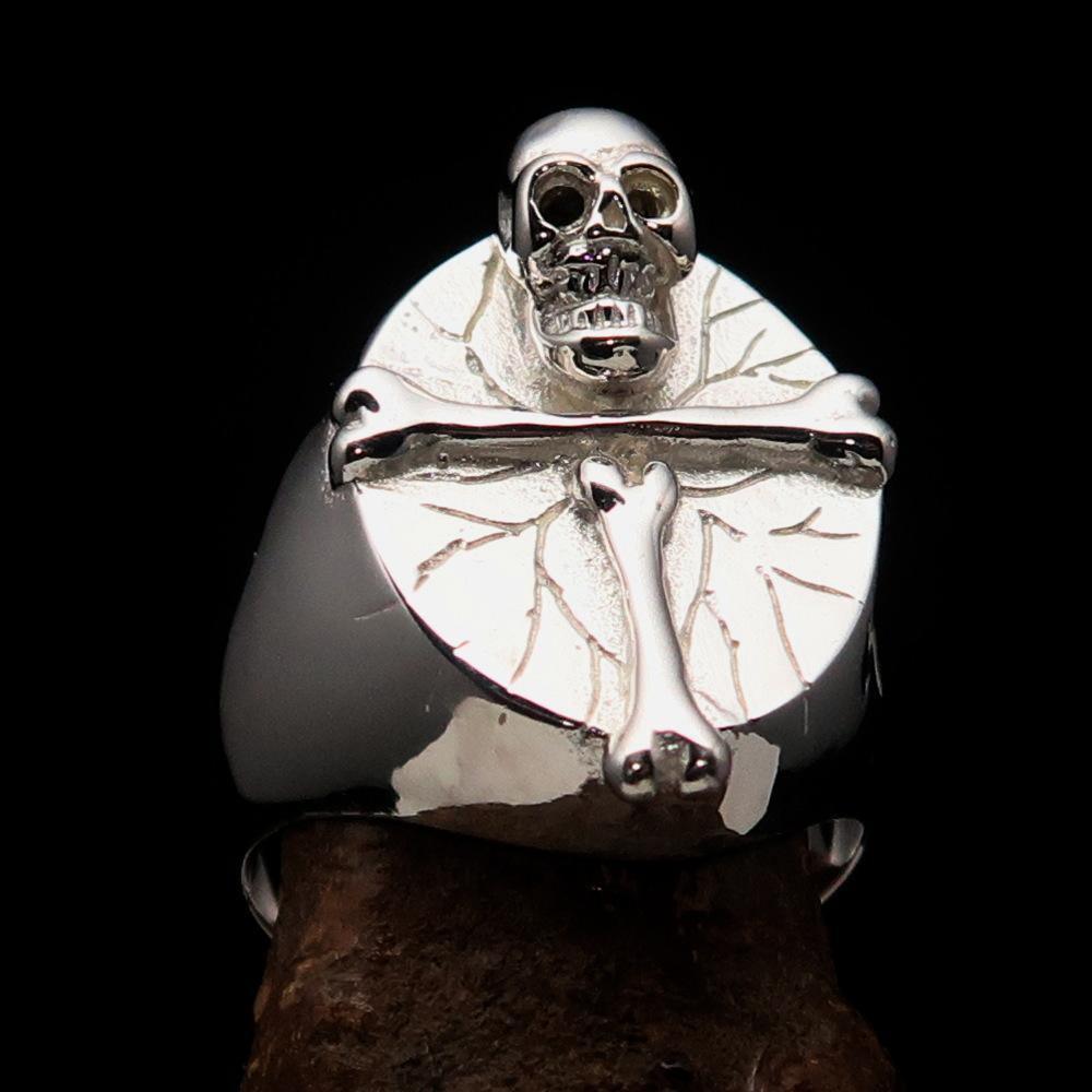 Excellent crafted Men's Ring Bone Cross R.I.P Skull mirror polish - Sterling Silver - BikeRing4u
