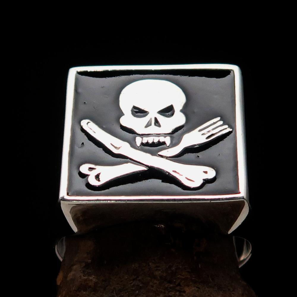 Perfectly crafted Men's Chef Skull Ring Crossed Fork Knife Black - Sterling Silver - BikeRing4u
