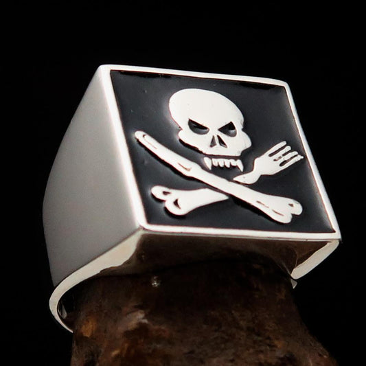 Perfectly crafted Men's Chef Skull Ring Crossed Fork Knife Black - Sterling Silver - BikeRing4u