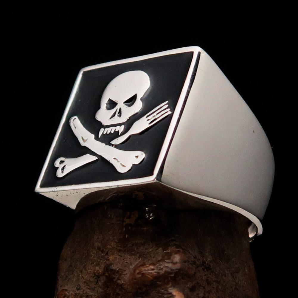Perfectly crafted Men's Chef Skull Ring Crossed Fork Knife Black - Sterling Silver - BikeRing4u