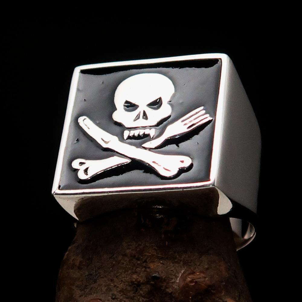 Perfectly crafted Men's Chef Skull Ring Crossed Fork Knife Black - Sterling Silver - BikeRing4u