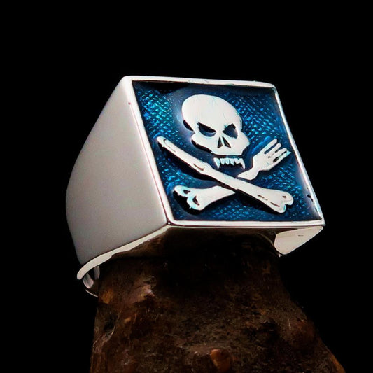 Perfectly crafted Men's Chef Skull Ring Crossed Fork Knife Blue - Sterling Silver - BikeRing4u