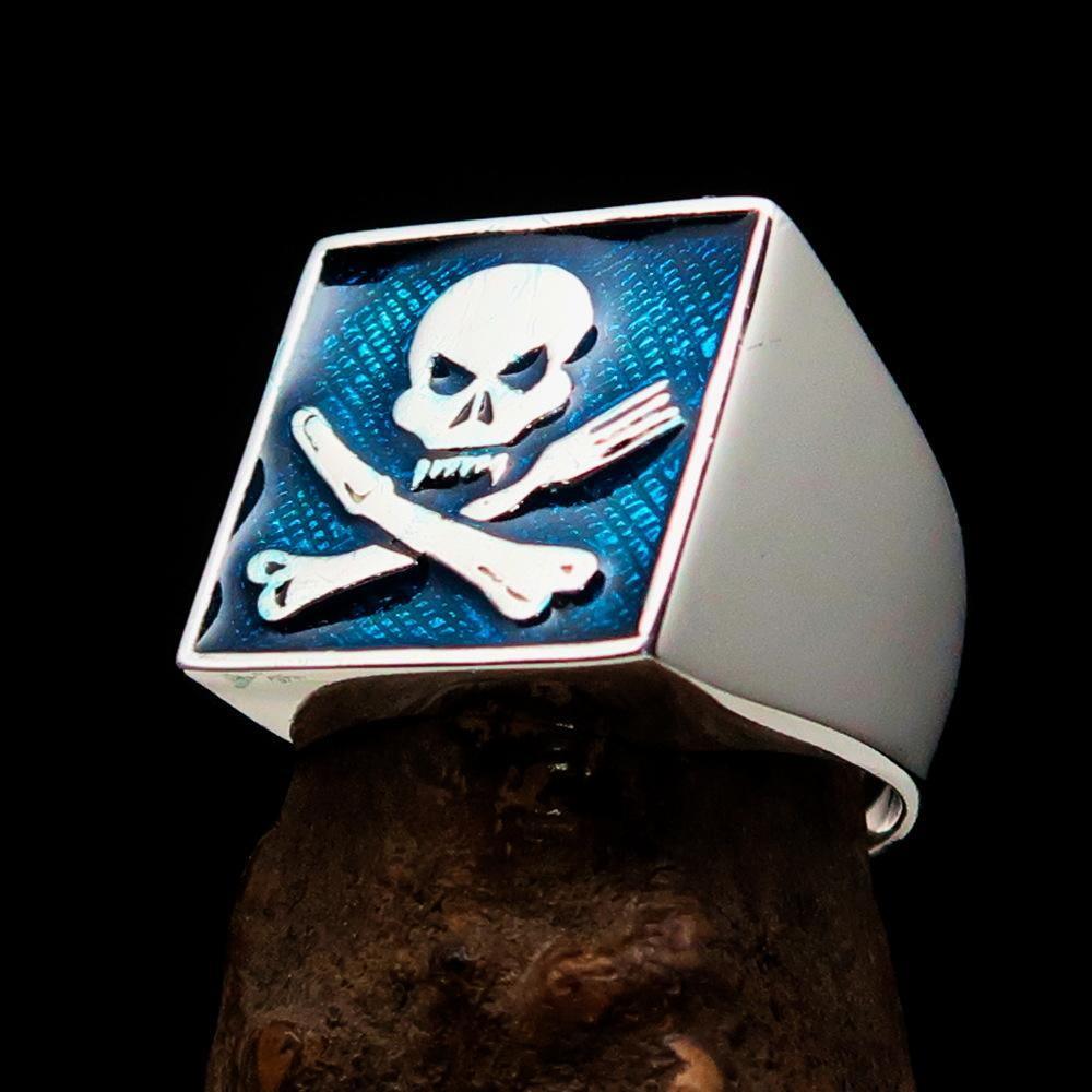 Perfectly crafted Men's Chef Skull Ring Crossed Fork Knife Blue - Sterling Silver - BikeRing4u