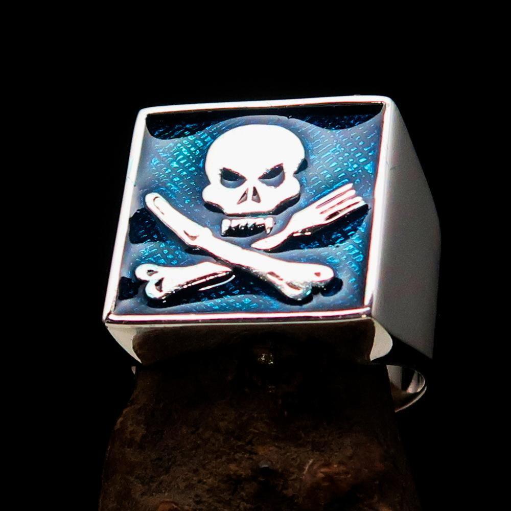 Perfectly crafted Men's Chef Skull Ring Crossed Fork Knife Blue - Sterling Silver - BikeRing4u