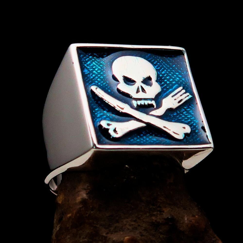 Perfectly crafted Men's Chef Skull Ring Crossed Fork Knife Blue - Sterling Silver - BikeRing4u