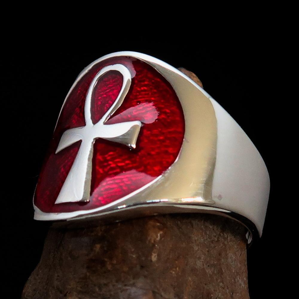 Excellent crafted Men's big red Egyptian Ankh Cross Ring - Sterling Silver - BikeRing4u