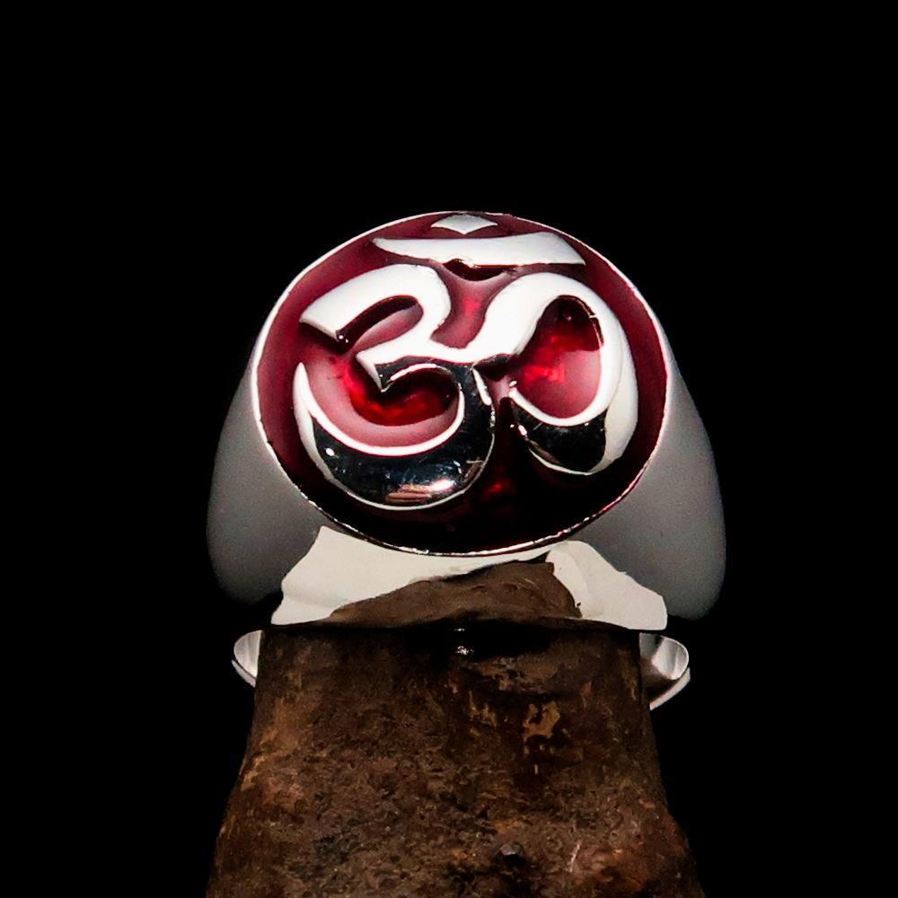 Nicely crafted domed Men's Buddhist Ring red Aum Symbol - Sterling Silver - BikeRing4u