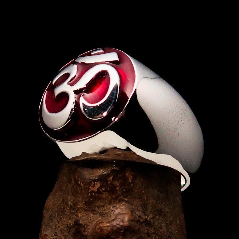 Nicely crafted domed Men's Buddhist Ring red Aum Symbol - Sterling Silver - BikeRing4u