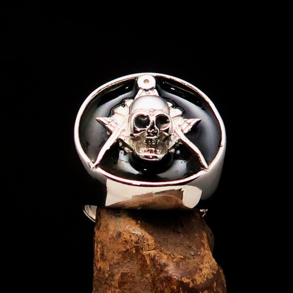 Perfectly crafted Men's Masonic Skull Ring Black - Sterling Silver - BikeRing4u