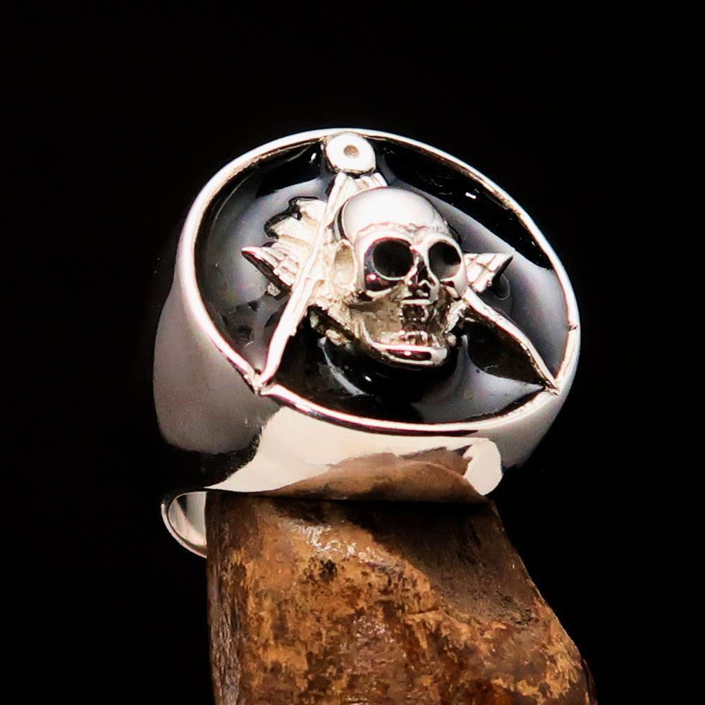 Perfectly crafted Men's Masonic Skull Ring Black - Sterling Silver - BikeRing4u