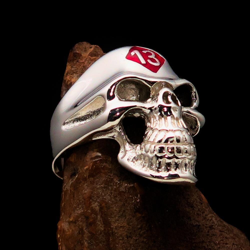 Excellent crafted Men's Biker Skull Ring Red Diamond Lucky 13 - Sterling Silver - BikeRing4u