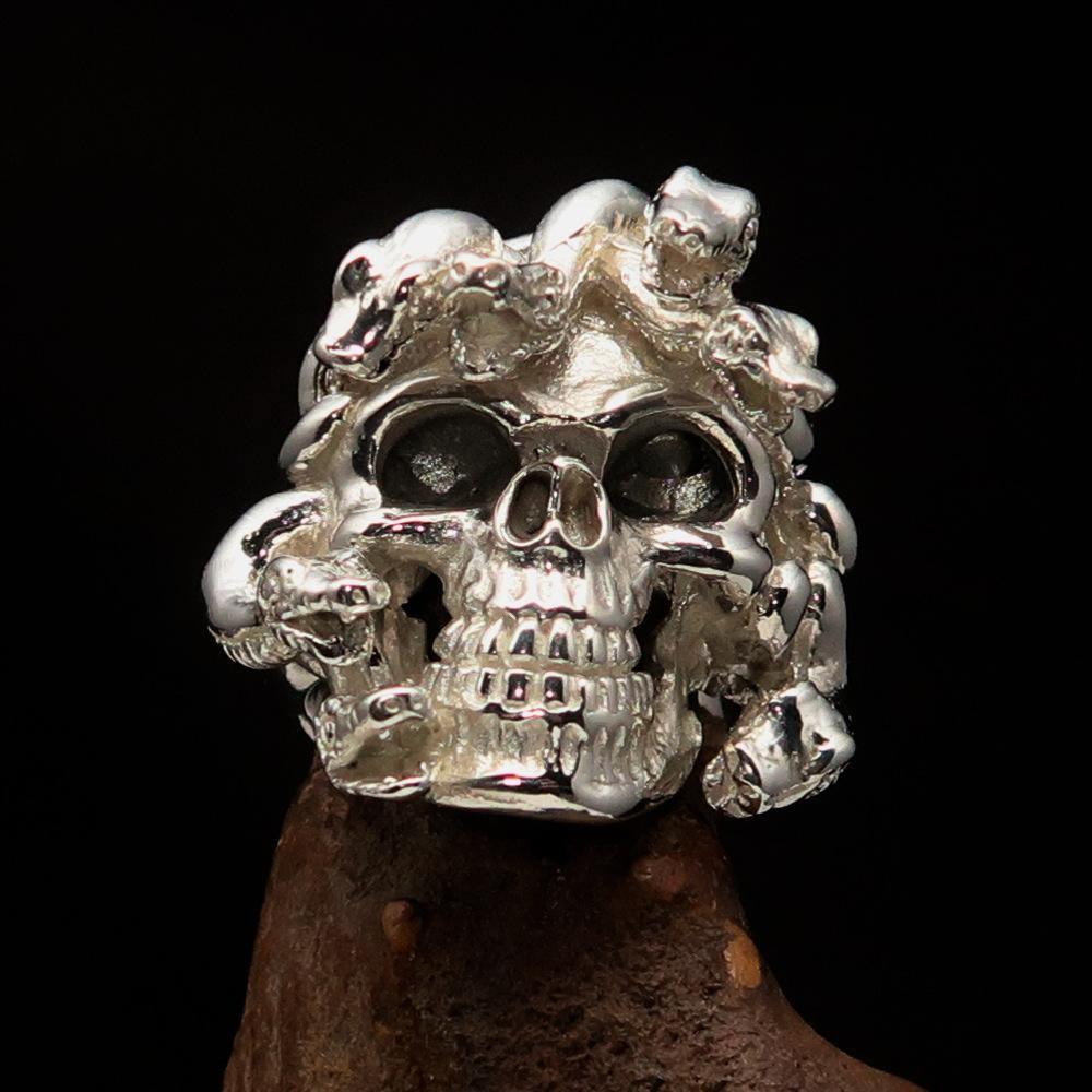 Excellent crafted Men's Medusa Snake Skull Ring - Mirror Polished Sterling Silver - BikeRing4u