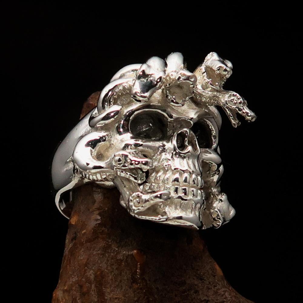 Excellent crafted Men's Medusa Snake Skull Ring - Mirror Polished Sterling Silver - BikeRing4u
