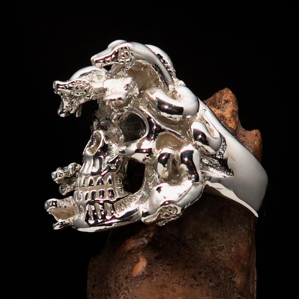 Excellent crafted Men's Medusa Snake Skull Ring - Mirror Polished Sterling Silver - BikeRing4u