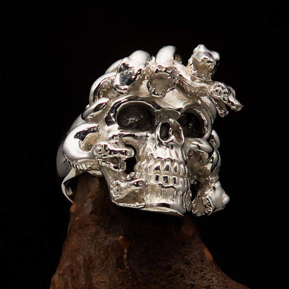 Excellent crafted Men's Medusa Snake Skull Ring - Mirror Polished Sterling Silver - BikeRing4u