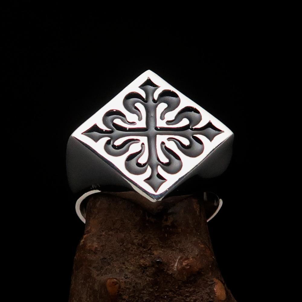Excellent crafted Men's Black Fleur de Lis Cross Ring - Sterling Silver - BikeRing4u