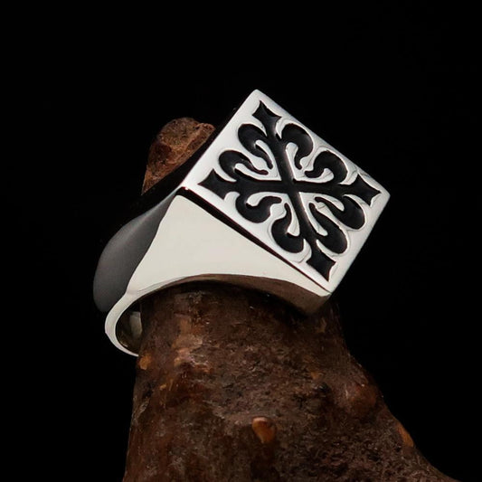 Excellent crafted Men's Black Fleur de Lis Cross Ring - Sterling Silver - BikeRing4u