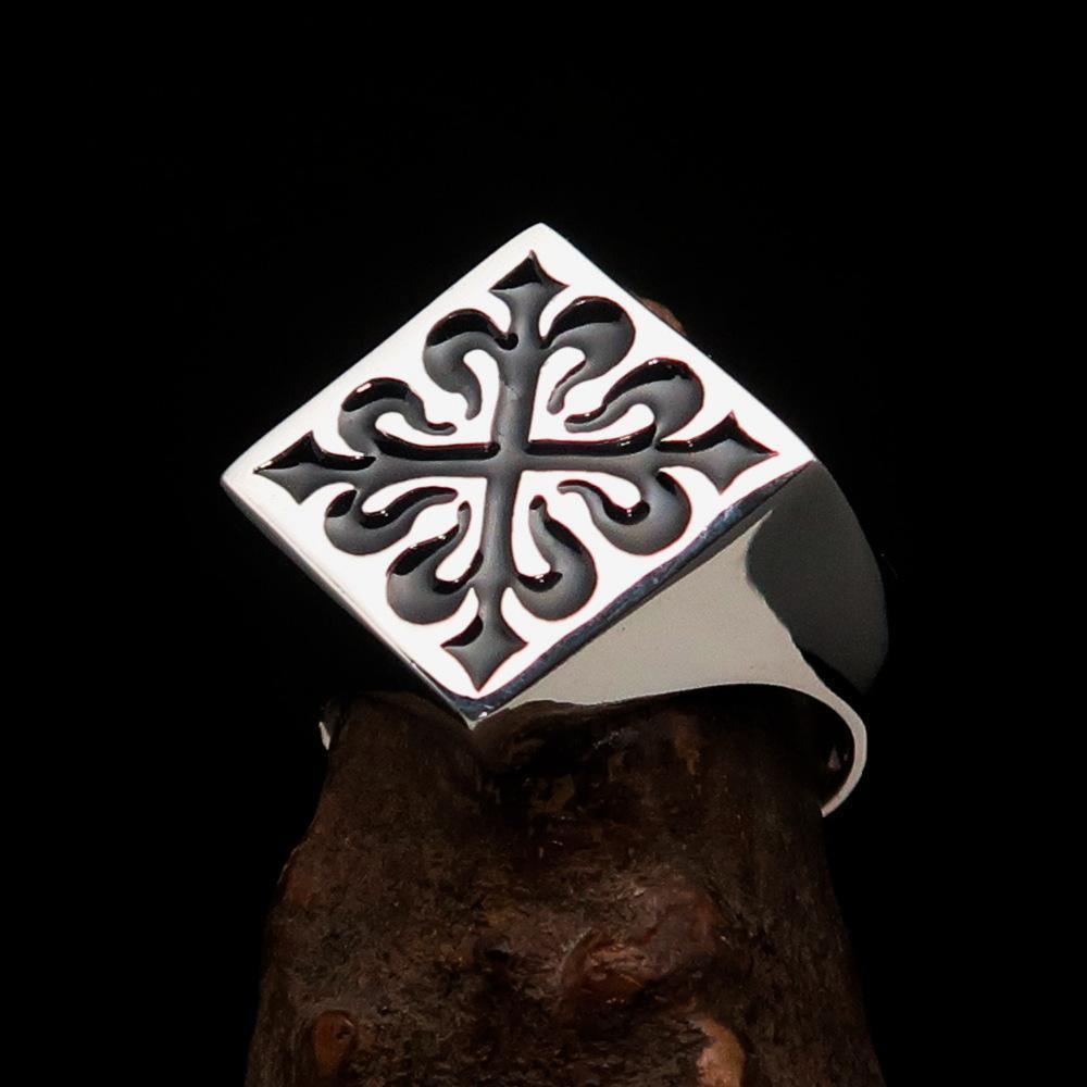Excellent crafted Men's Black Fleur de Lis Cross Ring - Sterling Silver - BikeRing4u