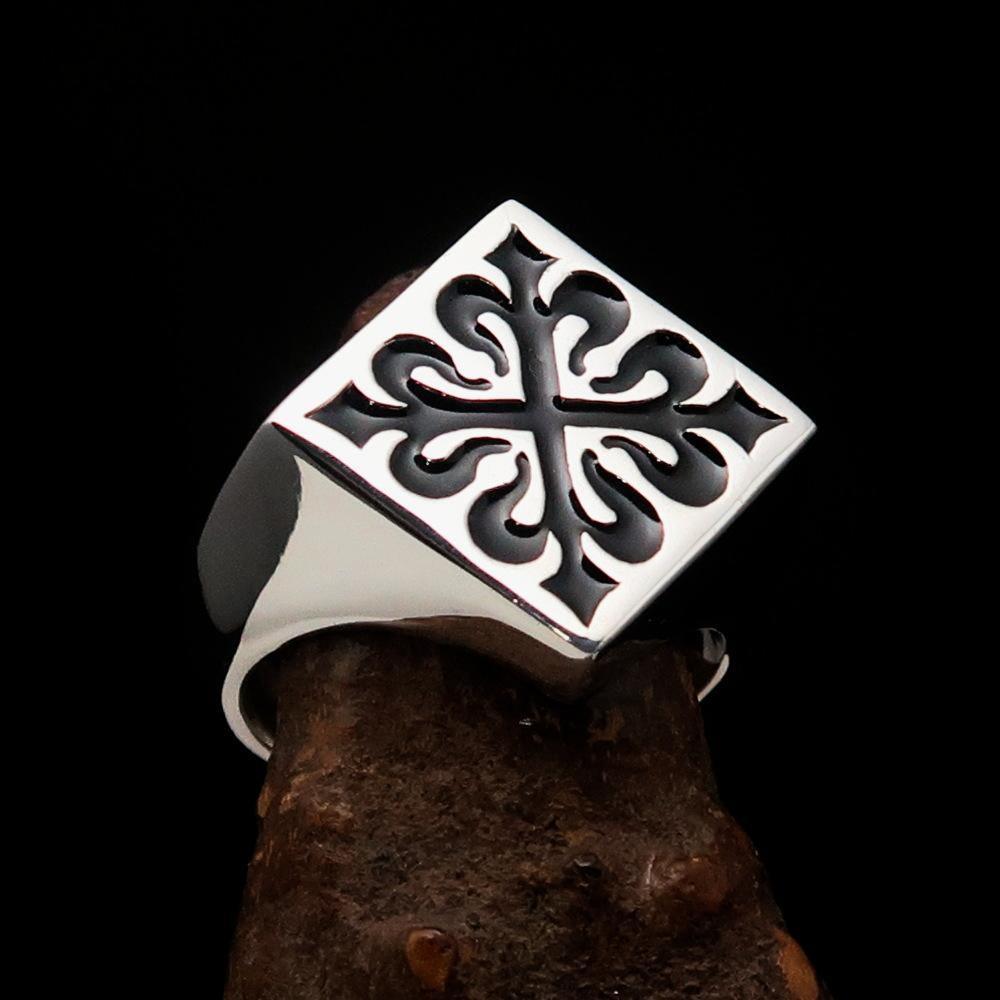 Excellent crafted Men's Black Fleur de Lis Cross Ring - Sterling Silver - BikeRing4u