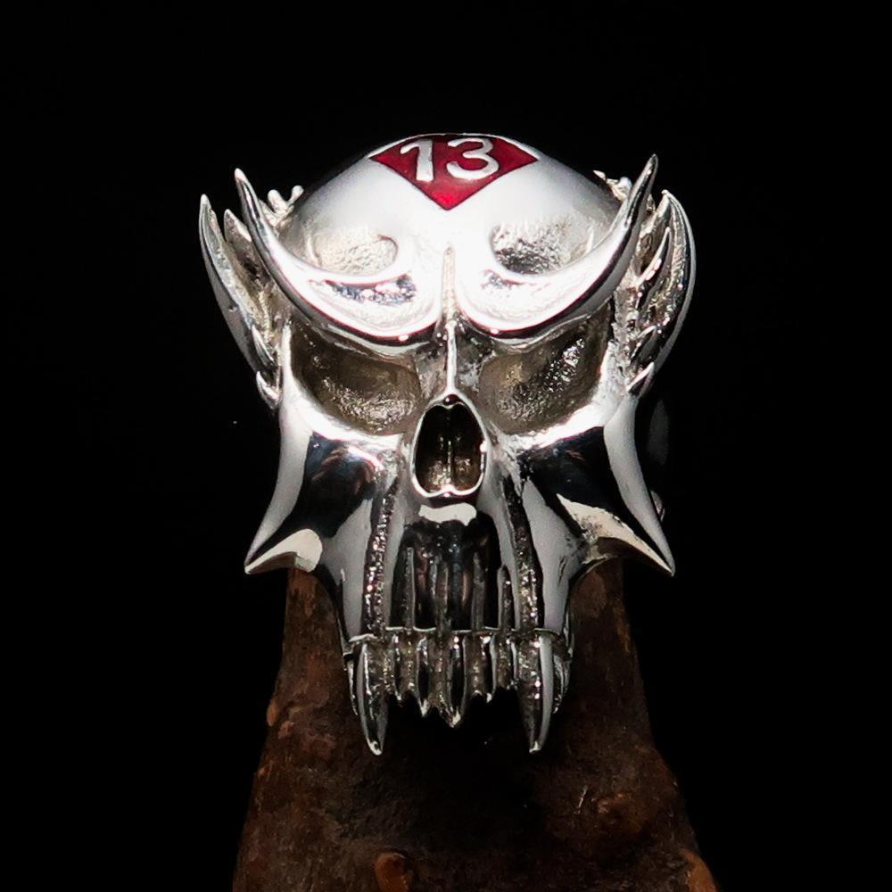 Excellent crafted Men's Vampire Skull Ring Red Diamond 13 - Sterling Silver - BikeRing4u