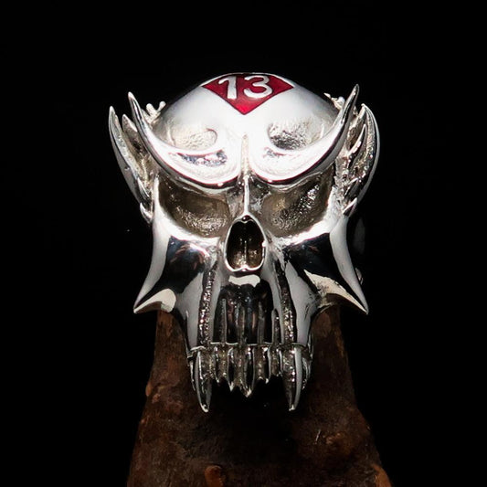 Excellent crafted Men's Vampire Skull Ring Red Diamond 13 - Sterling Silver - BikeRing4u