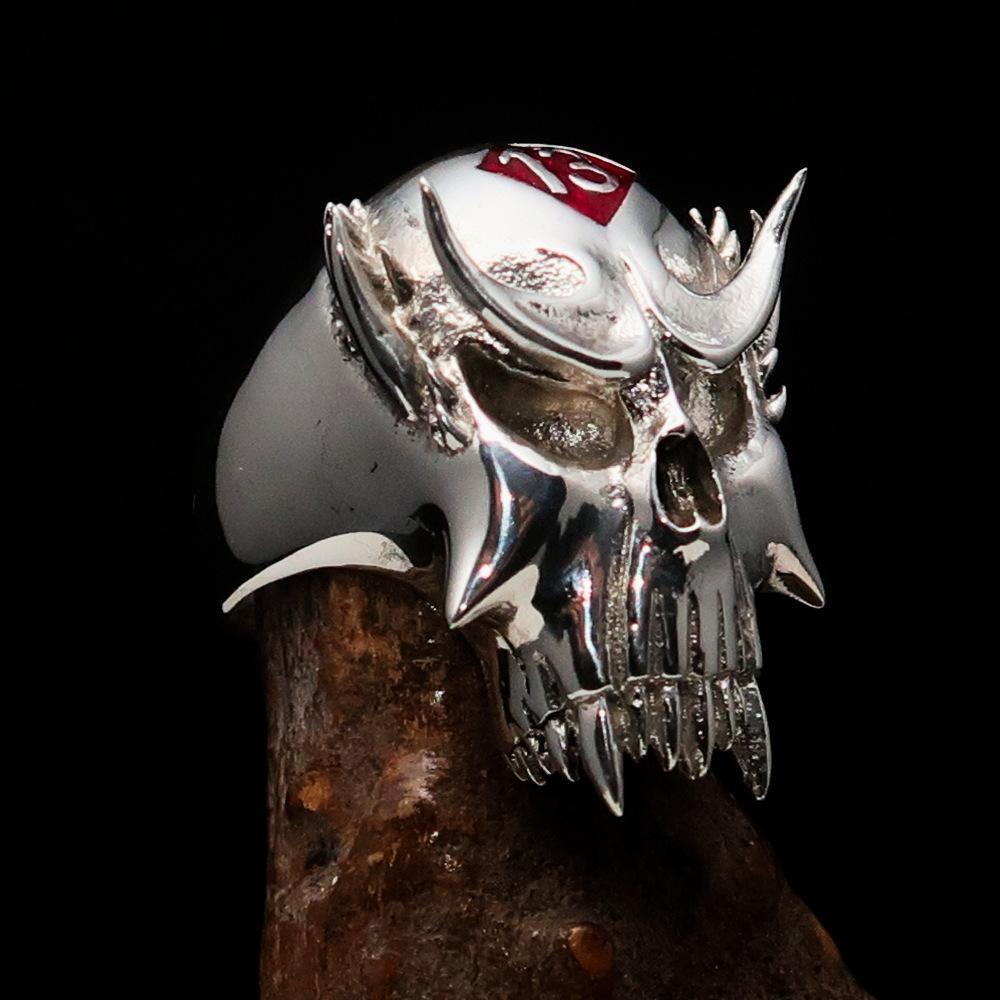 Excellent crafted Men's Vampire Skull Ring Red Diamond 13 - Sterling Silver - BikeRing4u