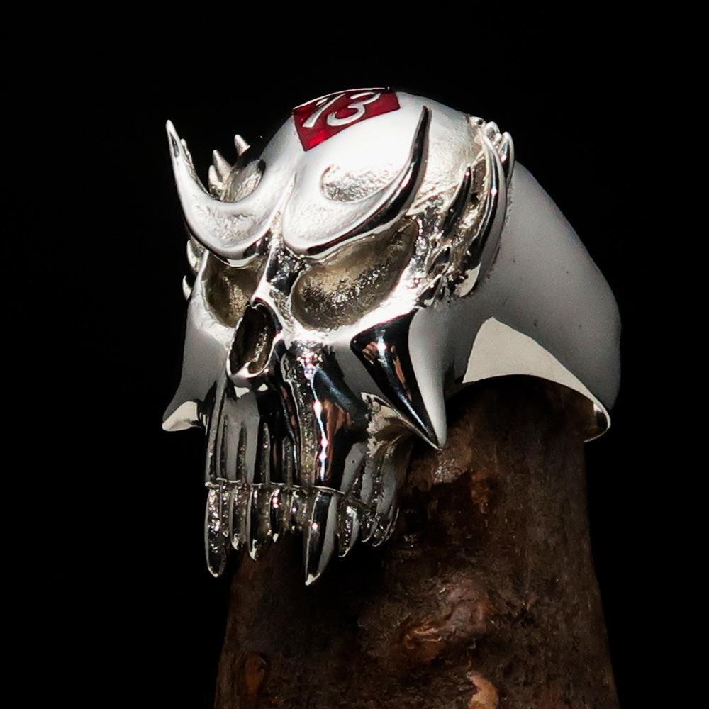 Excellent crafted Men's Vampire Skull Ring Red Diamond 13 - Sterling Silver - BikeRing4u