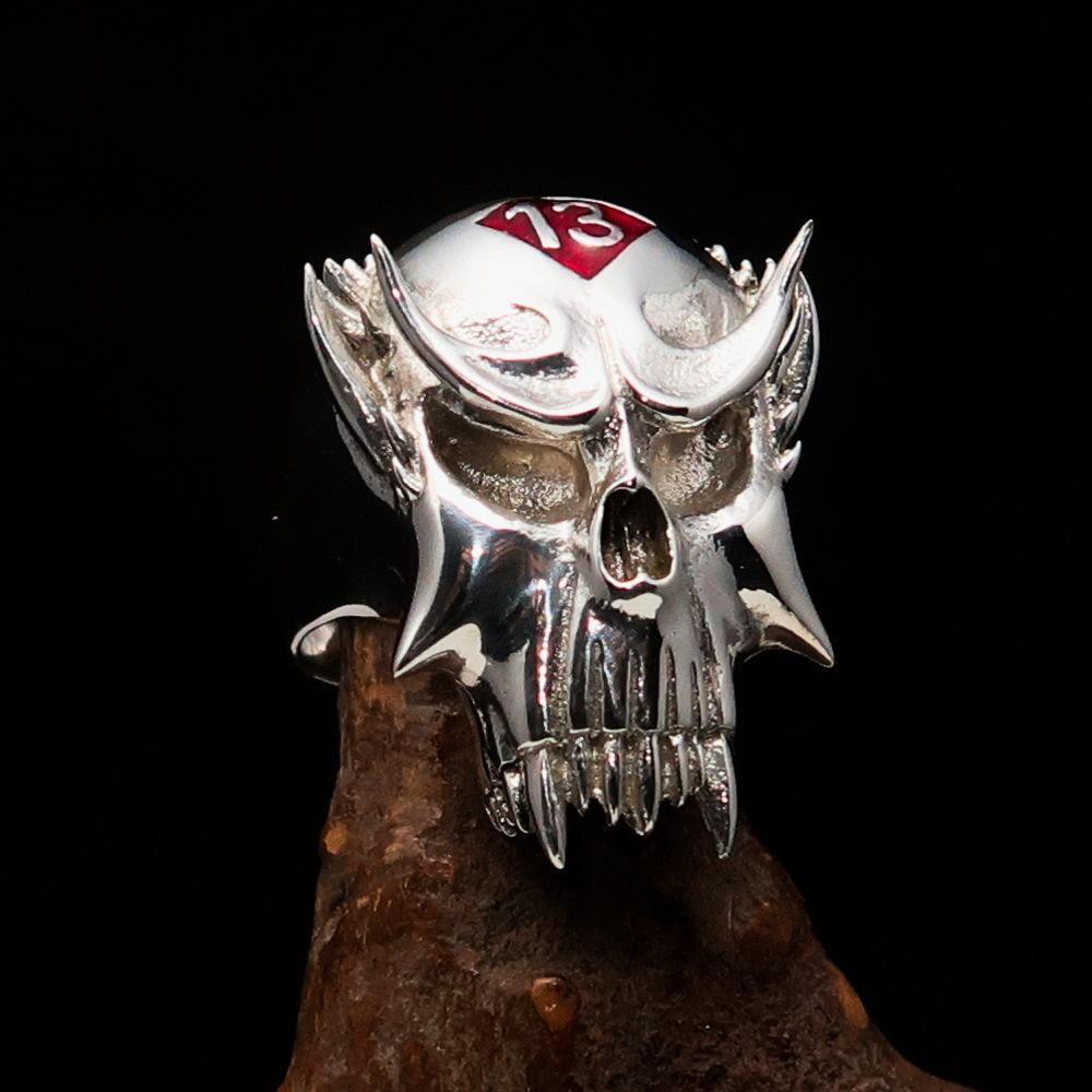Excellent crafted Men's Vampire Skull Ring Red Diamond 13 - Sterling Silver - BikeRing4u