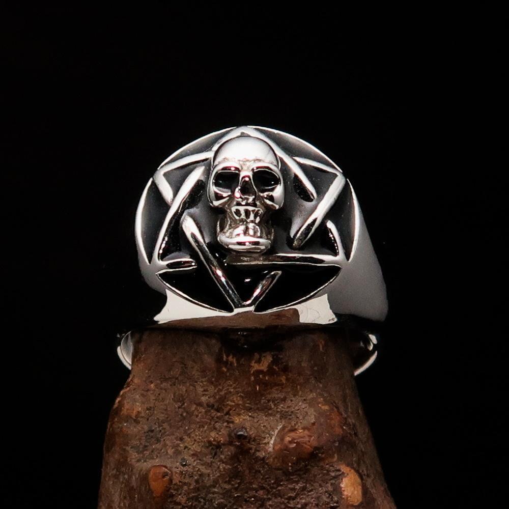 Excellent crafted domed Men's Hexagram Skull Ring - Sterling Silver - BikeRing4u
