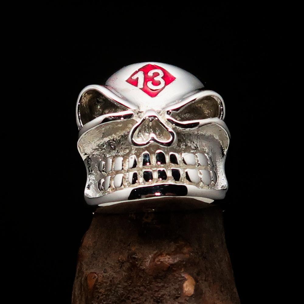 Excellent Crafted Men's red Number 13 Gnome Skull Ring - Sterling Silver - BikeRing4u