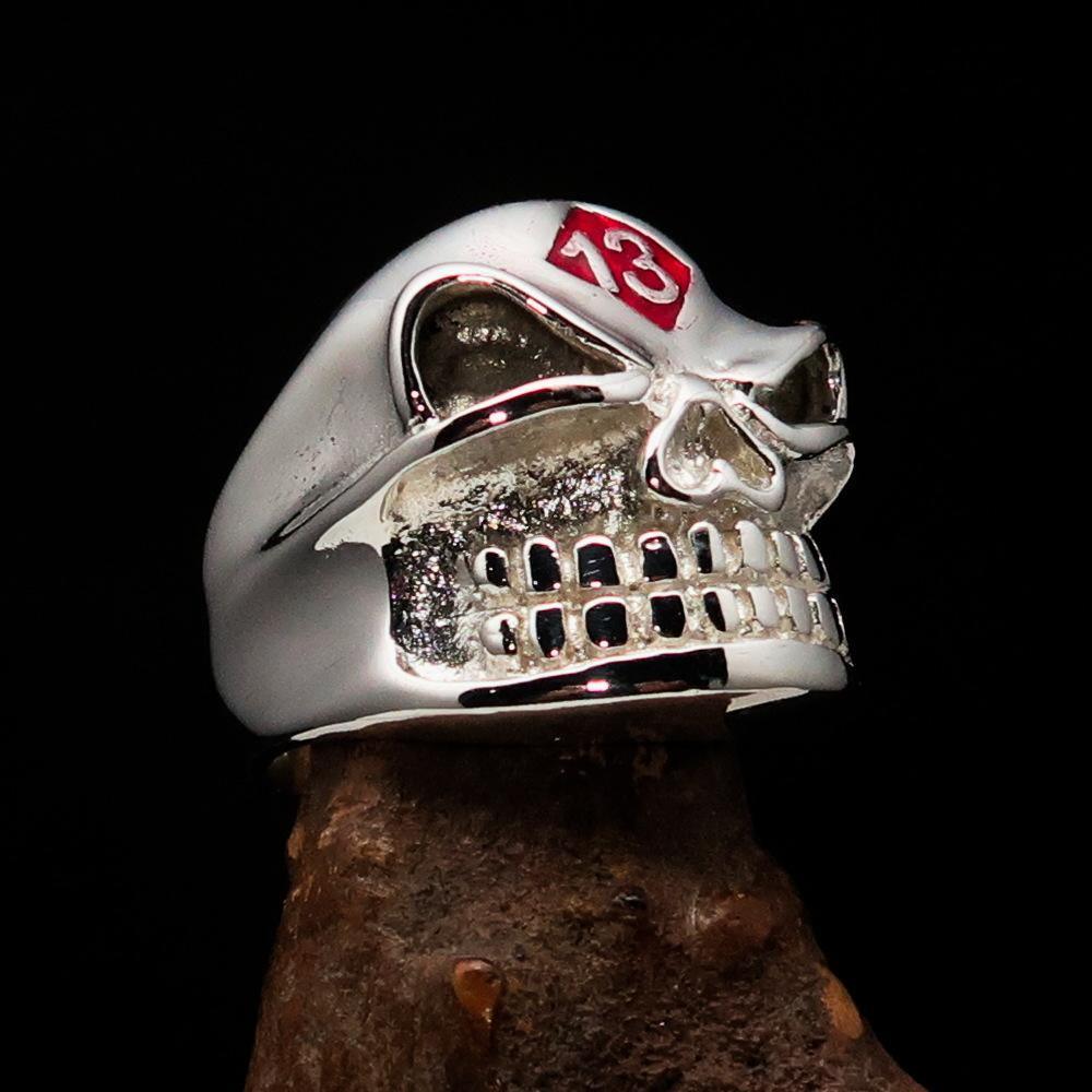 Excellent Crafted Men's red Number 13 Gnome Skull Ring - Sterling Silver - BikeRing4u