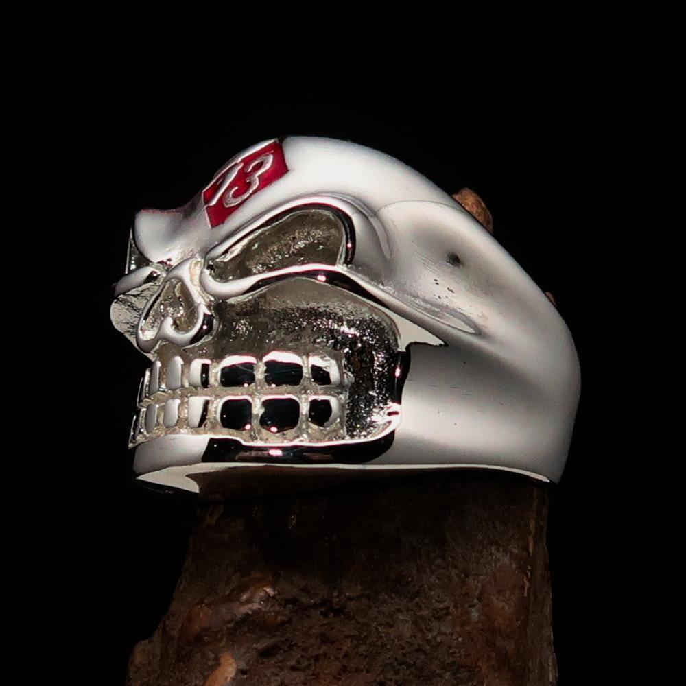 Excellent Crafted Men's red Number 13 Gnome Skull Ring - Sterling Silver - BikeRing4u