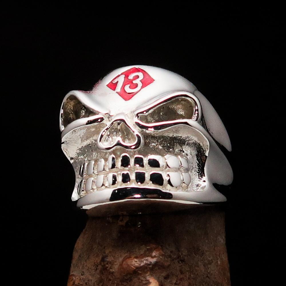 Excellent Crafted Men's red Number 13 Gnome Skull Ring - Sterling Silver - BikeRing4u