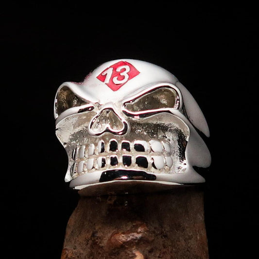 Excellent Crafted Men's red Number 13 Gnome Skull Ring - Sterling Silver - BikeRing4u