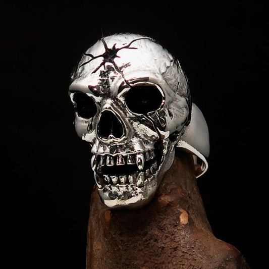 Excellent crafted Men's antiqued Head Shot Skull Ring - Sterling Silver - BikeRing4u