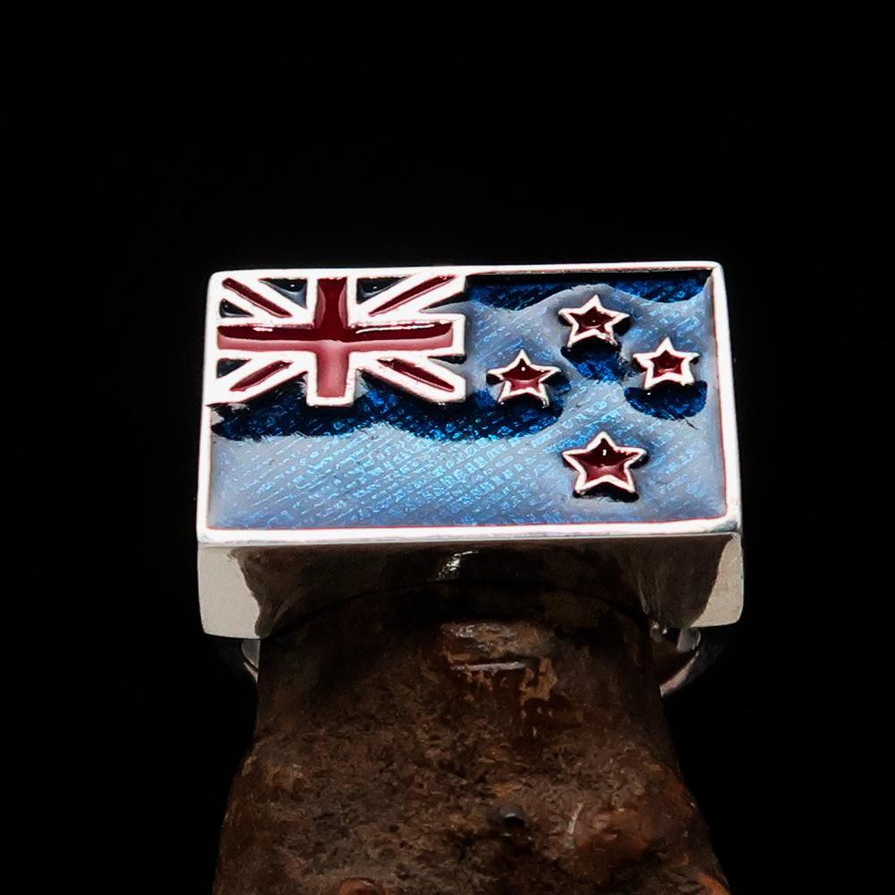 Excellent crafted rectangle shaped Men's New Zealand Flag Ring - Sterling Silver - BikeRing4u