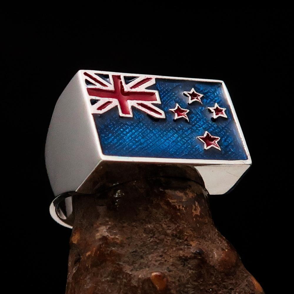 Excellent crafted rectangle shaped Men's New Zealand Flag Ring - Sterling Silver - BikeRing4u