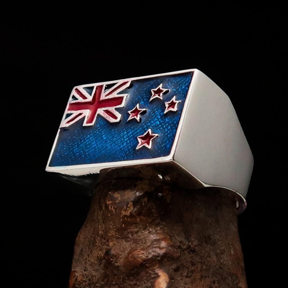 Excellent crafted rectangle shaped Men's New Zealand Flag Ring - Sterling Silver - BikeRing4u