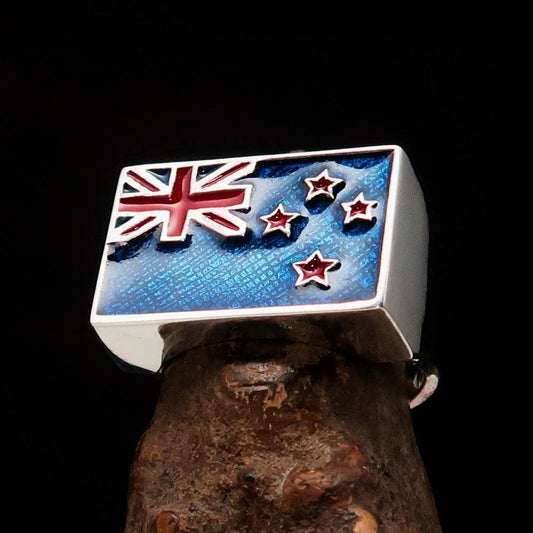 Excellent crafted rectangle shaped Men's New Zealand Flag Ring - Sterling Silver - BikeRing4u