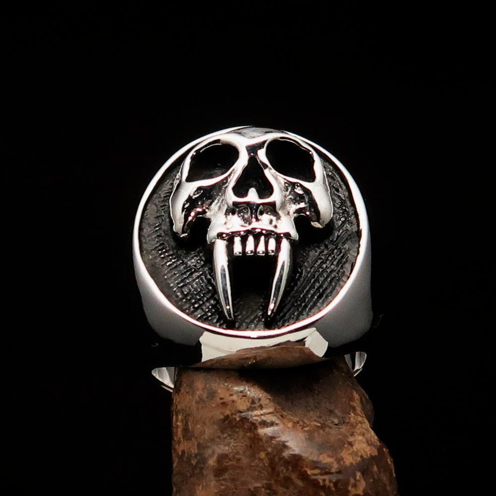 Excellent crafted oval Men's antiqued Vampire Skull Ring - Sterling Silver - BikeRing4u