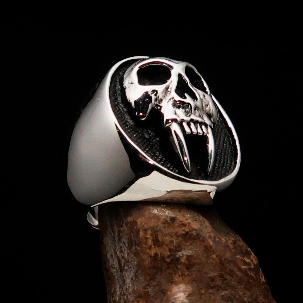 Excellent crafted oval Men's antiqued Vampire Skull Ring - Sterling Silver - BikeRing4u